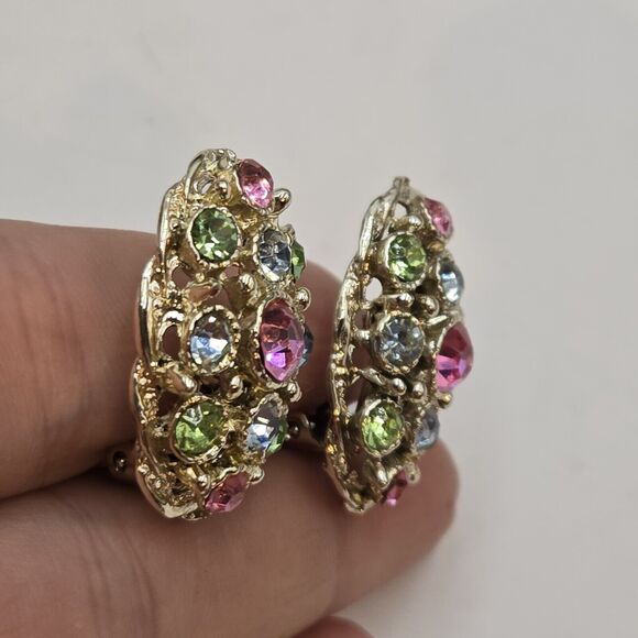 Vintage Pastel Tutti Frutti Crystal Rhinestone Large Bling Clip On Earrings - Picture 2 of 6
